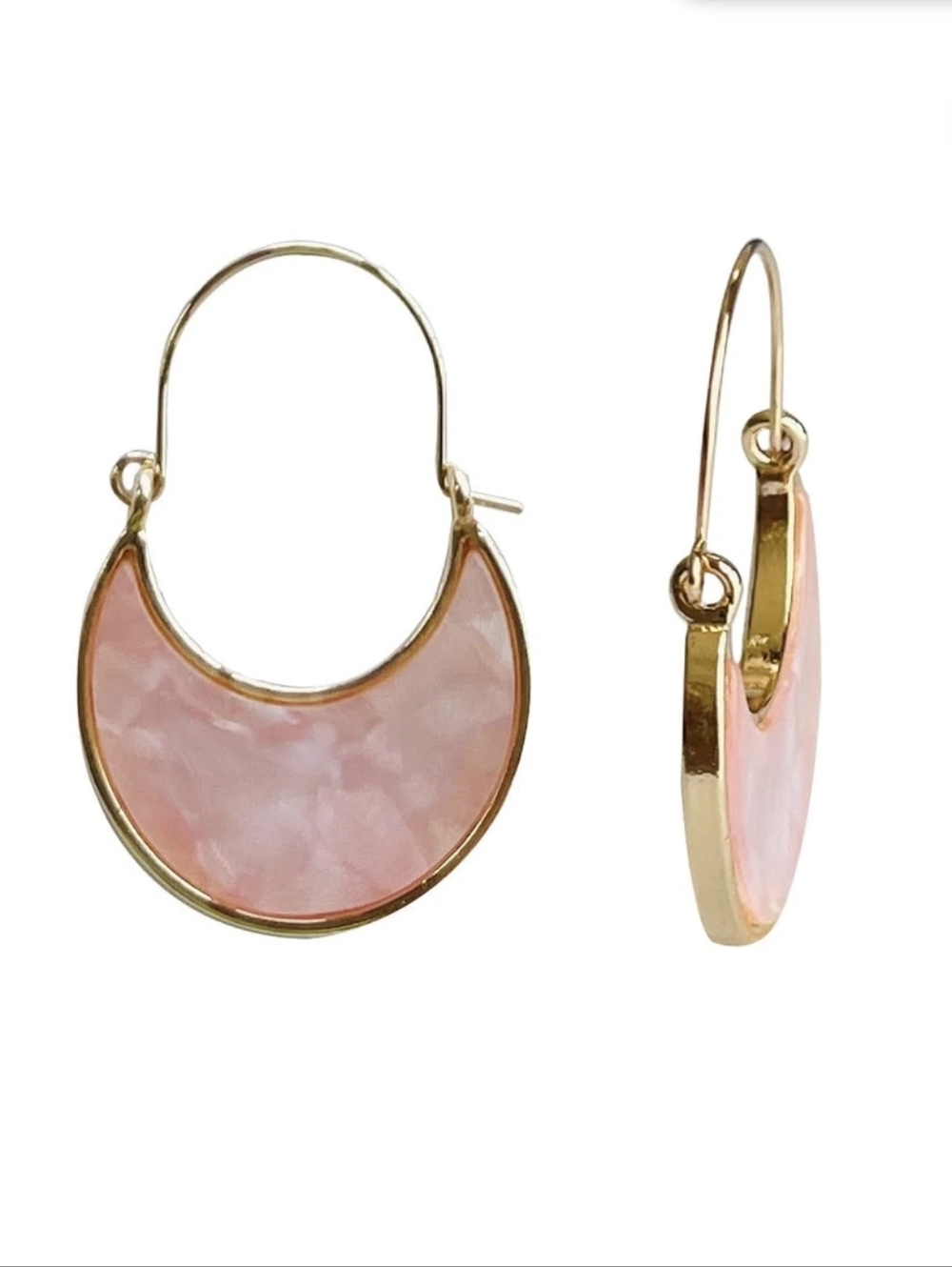 Pink Moon And Gold Wire Hoop Earrings